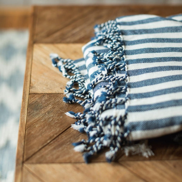 Load image into Gallery viewer, Deniz | Blue &amp; White Striped Handwoven Turkish Bath Towel
