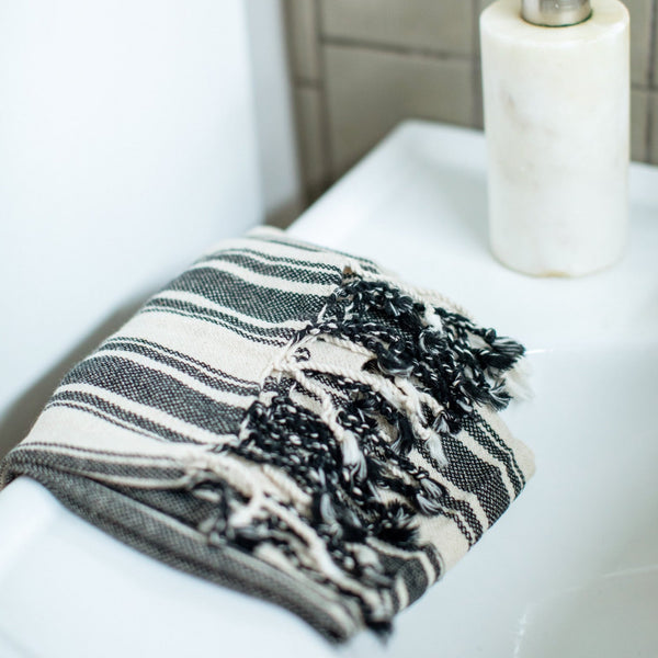 Load image into Gallery viewer, Choban | Black &amp; Cream Striped Handwoven Turkish Hand Towel
