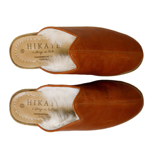 Moda |  Cognac Handmade Leather Shearling Slippers