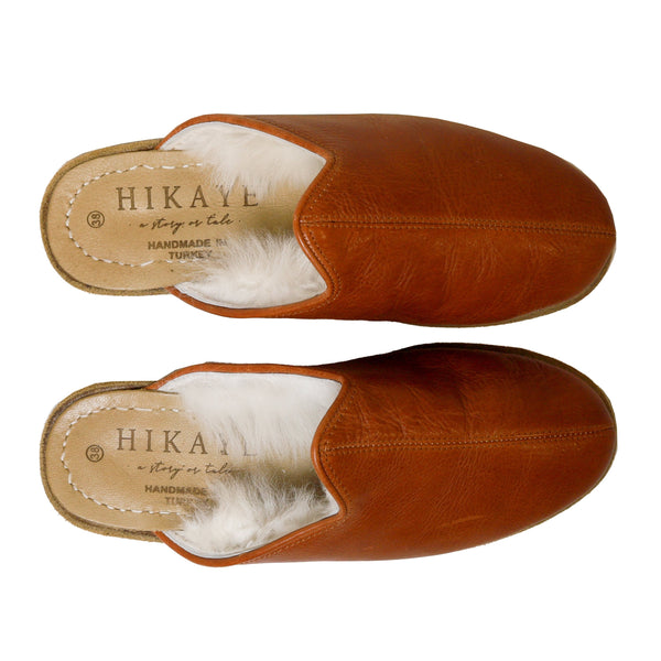 Load image into Gallery viewer, Moda |  Cognac Handmade Leather Shearling Slippers
