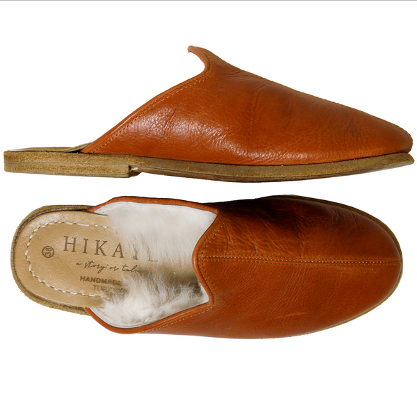 Load image into Gallery viewer, Moda |  Cognac Handmade Leather Shearling Slippers
