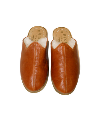 Moda |  Cognac Handmade Leather Shearling Slippers